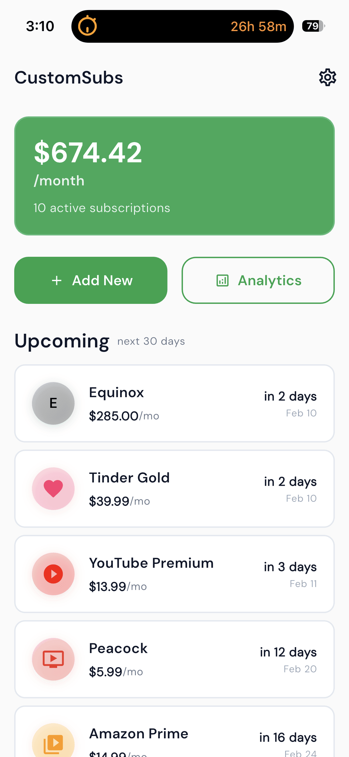 CustomSubs app showing subscription list with monthly total of $50.13